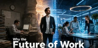 A futuristic workplace showing humans and AI technology collaborating as workers develop future skills.