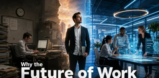 A futuristic workplace showing humans and AI technology collaborating as workers develop future skills.