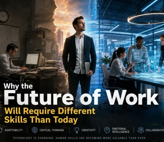 A futuristic workplace showing humans and AI technology collaborating as workers develop future skills.