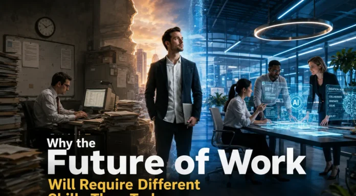 A futuristic workplace showing humans and AI technology collaborating as workers develop future skills.