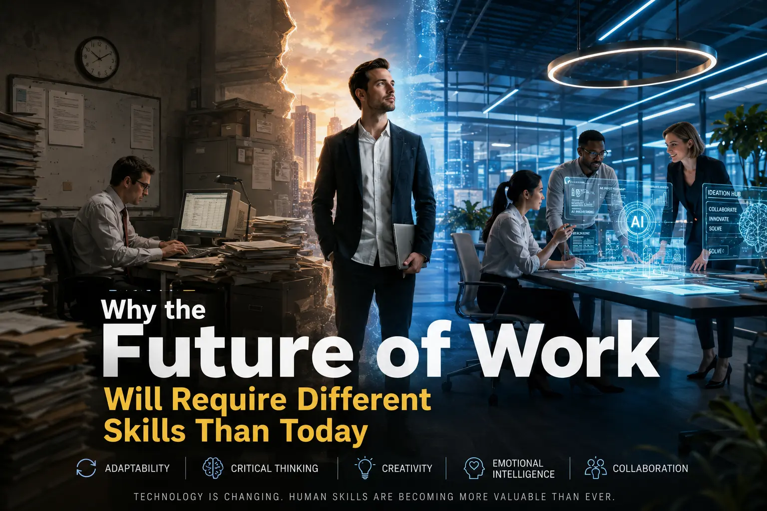 Why the Future of Work Will Require Different Skills Than Today A futuristic workplace showing humans and AI technology collaborating as workers develop future skills.