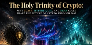 Futuristic representation of Zcash, Hyperliquid, and Near Protocol as three pillars of crypto innovation shaping the future of blockchain through 2035.