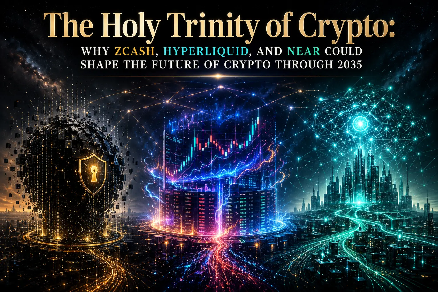 The Holy Trinity of Crypto: Why Zcash, Hyperliquid, and Near Could Shape the Future of Crypto Through 2035 Futuristic representation of Zcash, Hyperliquid, and Near Protocol as three pillars of crypto innovation shaping the future of blockchain through 2035.