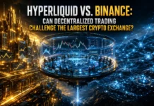 Comparative illustration of Hyperliquid's on-chain trading network against Binance's global crypto exchange—symbolizing the shift toward decentralized finance.