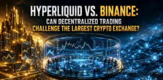 Comparative illustration of Hyperliquid's on-chain trading network against Binance's global crypto exchange—symbolizing the shift toward decentralized finance.