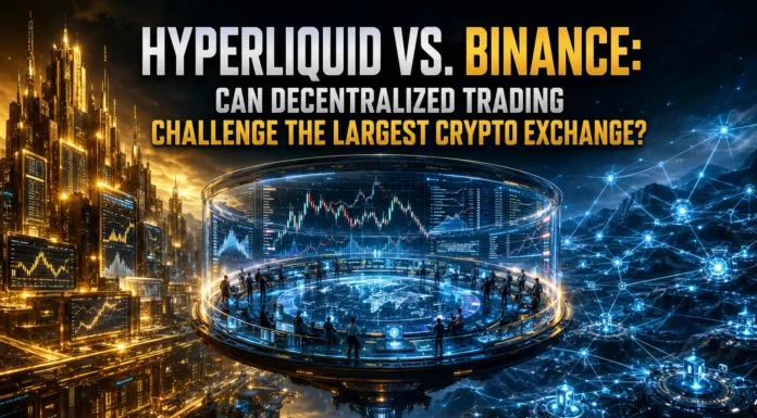 Comparative illustration of Hyperliquid's on-chain trading network against Binance's global crypto exchange—symbolizing the shift toward decentralized finance.