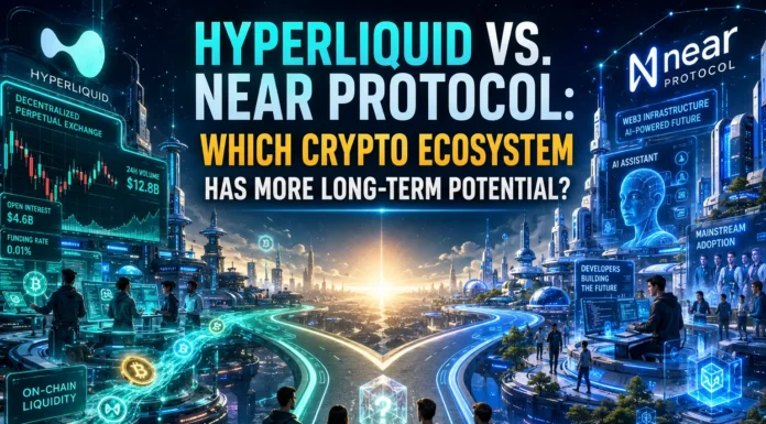 Visual comparison of Hyperliquid and Near Protocol ecosystems: decentralized trading, Web3 innovation, scalability, and long-term adoption.