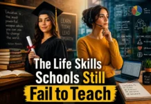 A graduate student holding a diploma, looking uncertain about the future life skills gap between academic education and real-world readiness.