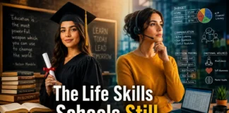 A graduate student holding a diploma, looking uncertain about the future life skills gap between academic education and real-world readiness.