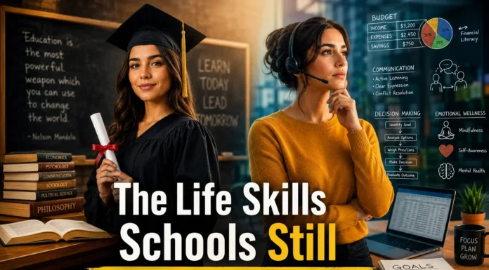 A graduate student holding a diploma, looking uncertain about the future life skills gap between academic education and real-world readiness.