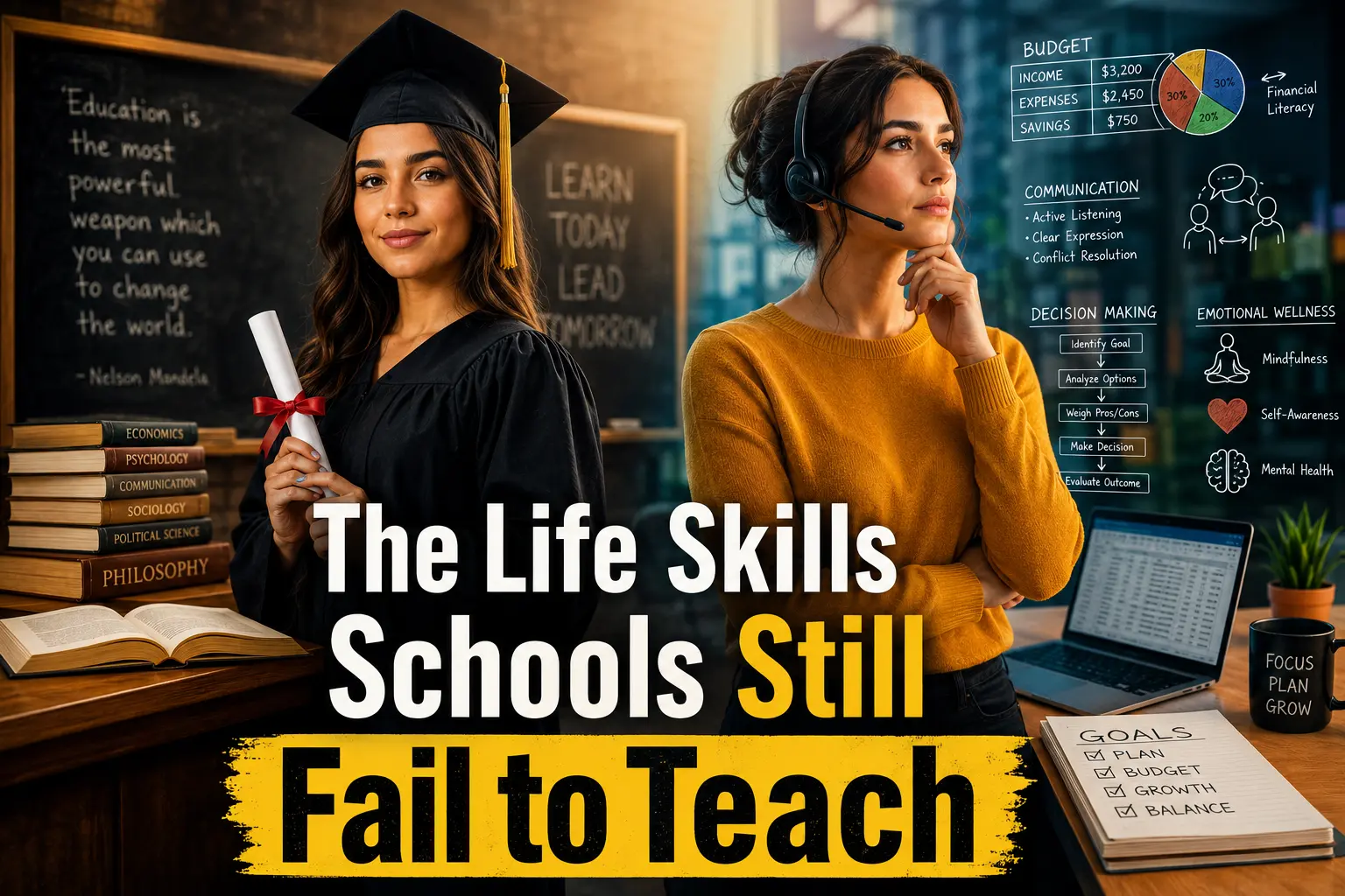 The Life Skills Schools Still Fail to Teach A graduate student holding a diploma, looking uncertain about the future life skills gap between academic education and real-world readiness.