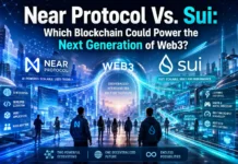 Visual comparison of Near Protocol and Sui ecosystems: scalability, Web3 adoption, developer growth, smart contract innovation, and future infrastructure.