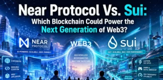 Visual comparison of Near Protocol and Sui ecosystems: scalability, Web3 adoption, developer growth, smart contract innovation, and future infrastructure.