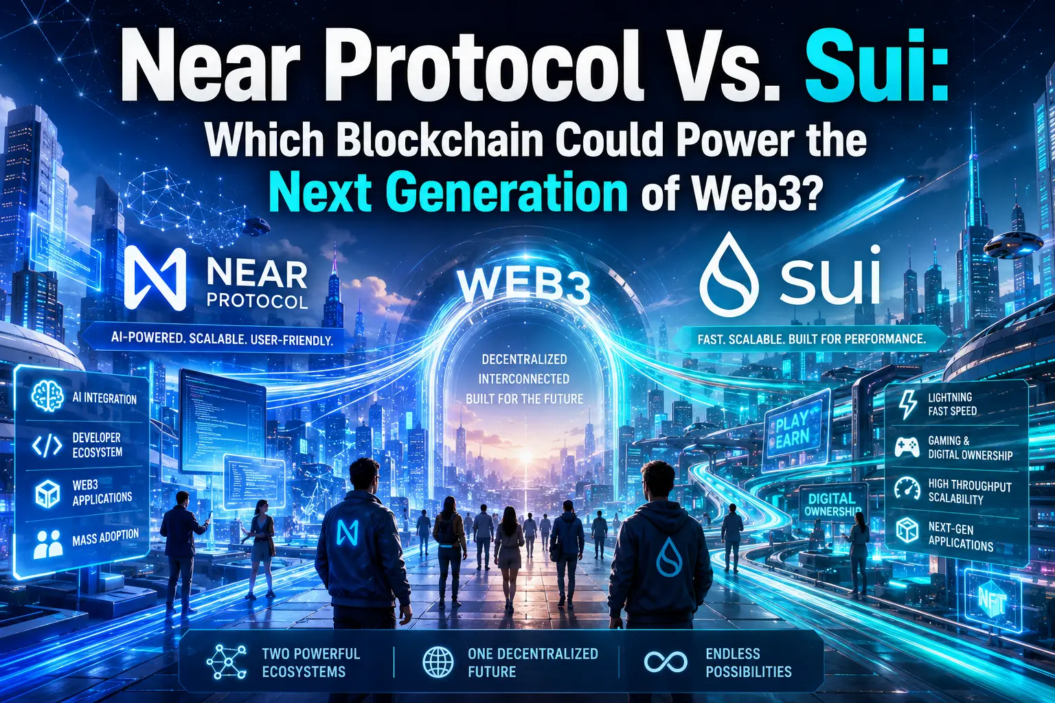 Near Protocol Vs. Sui: Which Blockchain Could Power the Next Generation of Web3? Visual comparison of Near Protocol and Sui ecosystems: scalability, Web3 adoption, developer growth, smart contract innovation, and future infrastructure.