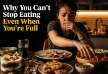 A person continuing to eat after being full is showing overeating behavior driven by the brain reward system and delayed satiety signals.