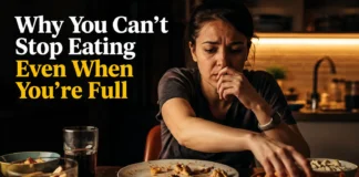 A person continuing to eat after being full is showing overeating behavior driven by the brain reward system and delayed satiety signals.