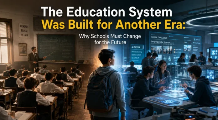 A comparison between traditional learning systems focused on knowledge retention and future classrooms designed around innovation, adaptability, and critical thinking.