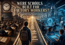 A symbolic comparison between industrial-era schools and the future of AI education, showing the evolution from factory-style learning to future-focused classrooms.