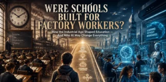 A symbolic comparison between industrial-era schools and the future of AI education, showing the evolution from factory-style learning to future-focused classrooms.