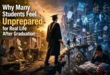 A recent graduate holding a diploma while facing real-world challenges: careers, finances, housing, and life decisions beyond the classroom.