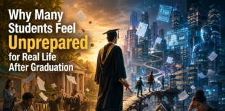 A recent graduate holding a diploma while facing real-world challenges: careers, finances, housing, and life decisions beyond the classroom.