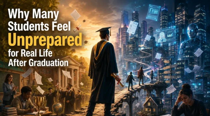 A recent graduate holding a diploma while facing real-world challenges: careers, finances, housing, and life decisions beyond the classroom.