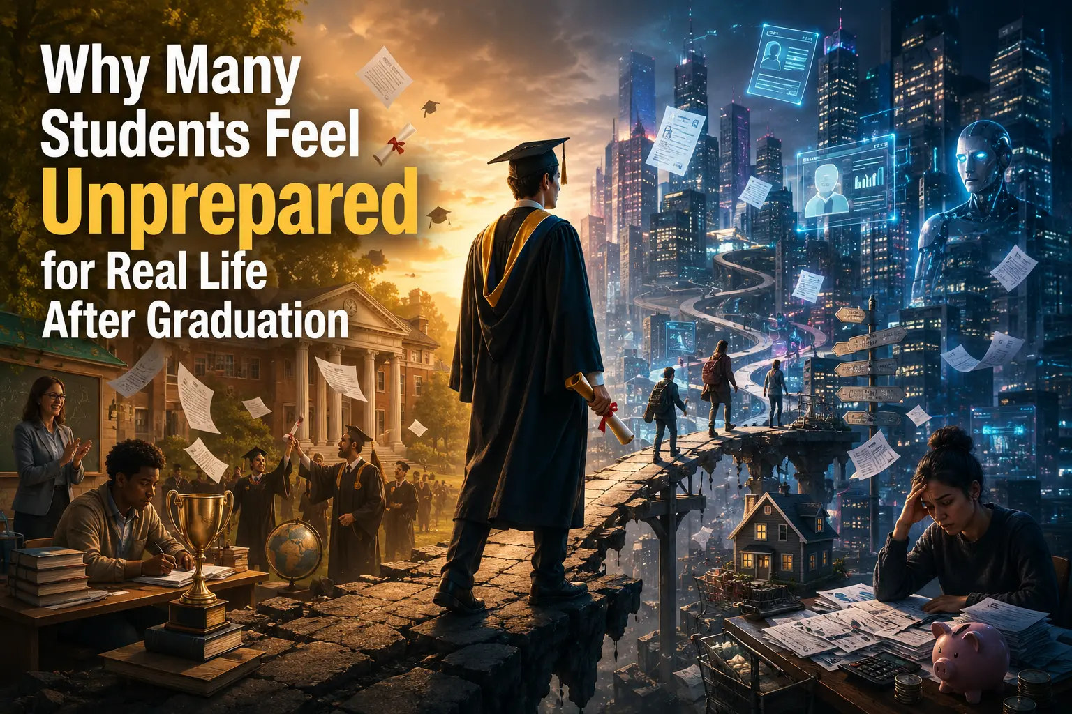 Why Many Students Feel Unprepared for Real Life After Graduation A recent graduate holding a diploma while facing real-world challenges: careers, finances, housing, and life decisions beyond the classroom.