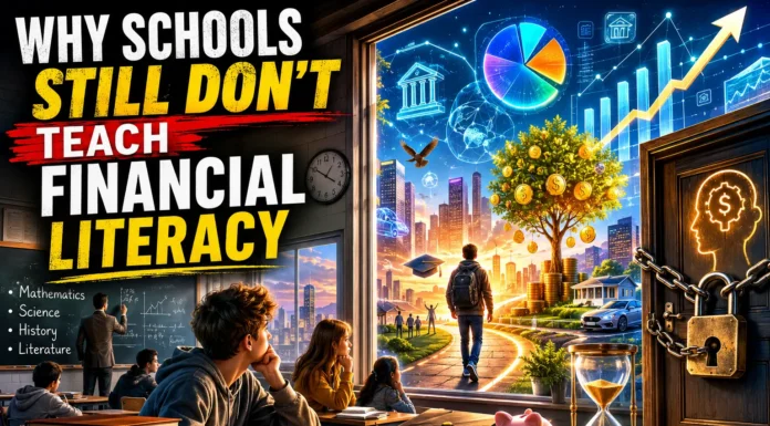 A student standing in a classroom surrounded by textbooks, while financial concepts such as budgeting, investing, taxes, savings, and debt management appear outside the classroom walls.
