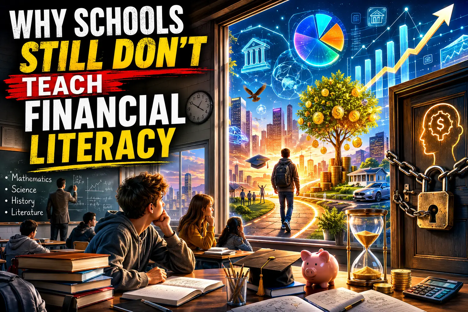 Why Schools Still Don't Teach Financial Literacy A student standing in a classroom surrounded by textbooks, while financial concepts such as budgeting, investing, taxes, savings, and debt management appear outside the classroom walls.