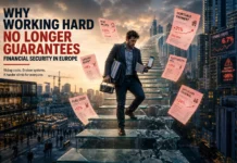 Why Working Hard No Longer Guarantees Financial Security in Europe Tired European worker carrying work documents and bills representing the rising cost of living and declining financial security in Europe