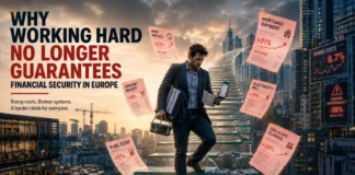 Tired European worker carrying work documents and bills representing the rising cost of living and declining financial security in Europe