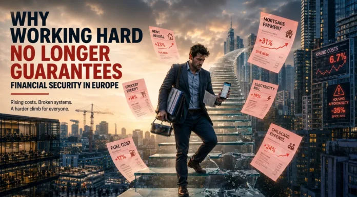 Tired European worker carrying work documents and bills representing the rising cost of living and declining financial security in Europe