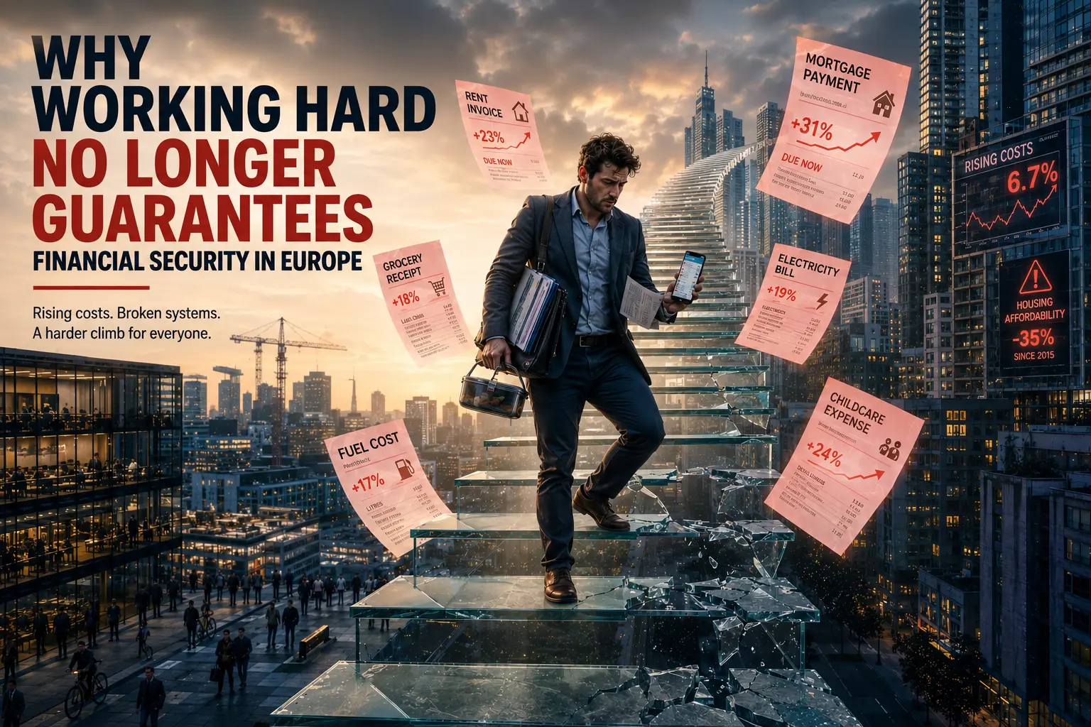 Why Working Hard No Longer Guarantees Financial Security in Europe Tired European worker carrying work documents and bills representing the rising cost of living and declining financial security in Europe