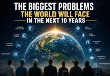 The Biggest Problems Facing the World in the Next 10 Years Illustration of the world's biggest future challenges, including artificial intelligence, climate change, cybersecurity, economic instability, and global conflict.