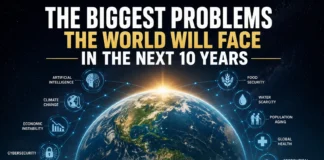 Illustration of the world's biggest future challenges, including artificial intelligence, climate change, cybersecurity, economic instability, and global conflict.