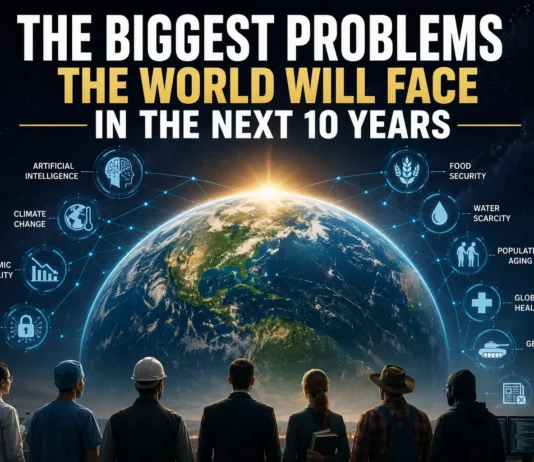 Illustration of the world's biggest future challenges, including artificial intelligence, climate change, cybersecurity, economic instability, and global conflict.