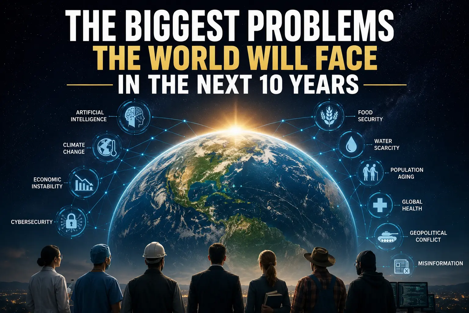 The Biggest Problems the World Will Face in the Next 10 Years Illustration of the world's biggest future challenges, including artificial intelligence, climate change, cybersecurity, economic instability, and global conflict.