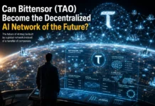Can Bittensor (TAO) Become the Decentralized AI Network of the Future? Futuristic visualization of the Bittensor (TAO) decentralized AI network connecting global artificial intelligence models through blockchain infrastructure.