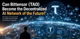Futuristic visualization of the Bittensor (TAO) decentralized AI network connecting global artificial intelligence models through blockchain infrastructure.