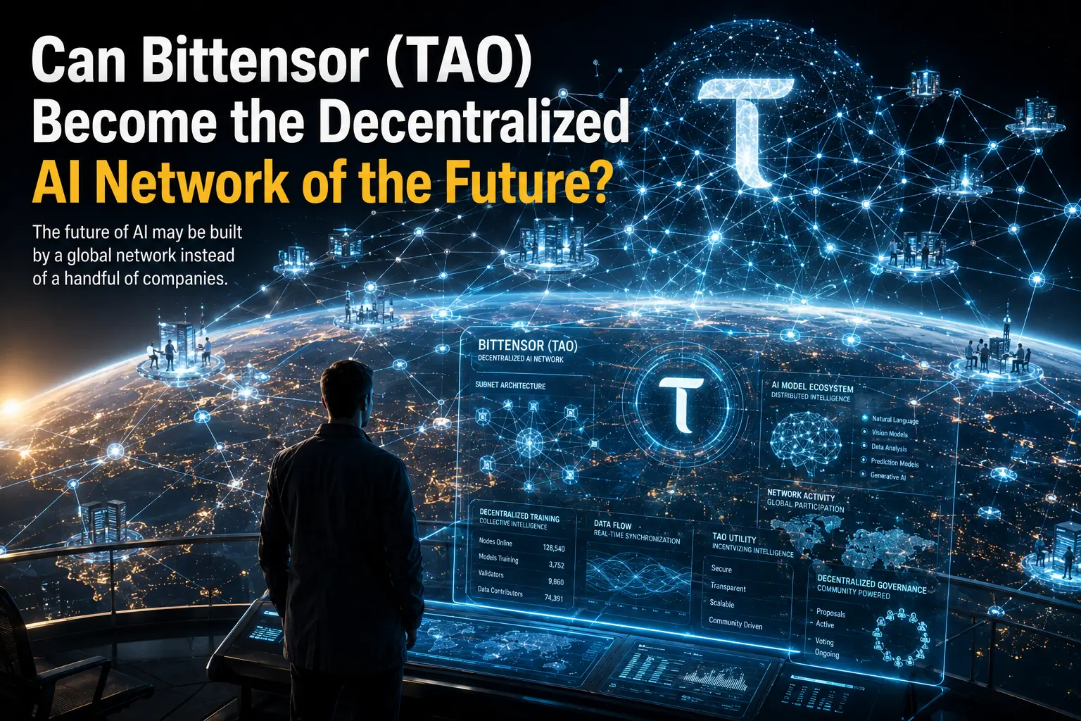 Can Bittensor (TAO) Become the Decentralized AI Network of the Future? Futuristic visualization of the Bittensor (TAO) decentralized AI network connecting global artificial intelligence models through blockchain infrastructure.