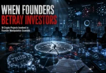 10 Crypto Projects Involved in Founder Manipulation Scandals Illustration of major cryptocurrency founder manipulation scandals featuring broken crypto tokens, warning symbols, and collapsing blockchain charts representing FTX, Terra, Celsius, SafeMoon, TRON, HEX, and BitConnect.