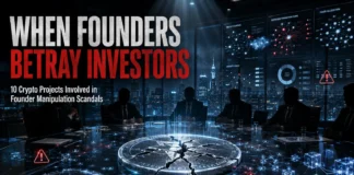 Illustration of major cryptocurrency founder manipulation scandals featuring broken crypto tokens, warning symbols, and collapsing blockchain charts representing FTX, Terra, Celsius, SafeMoon, TRON, HEX, and BitConnect.