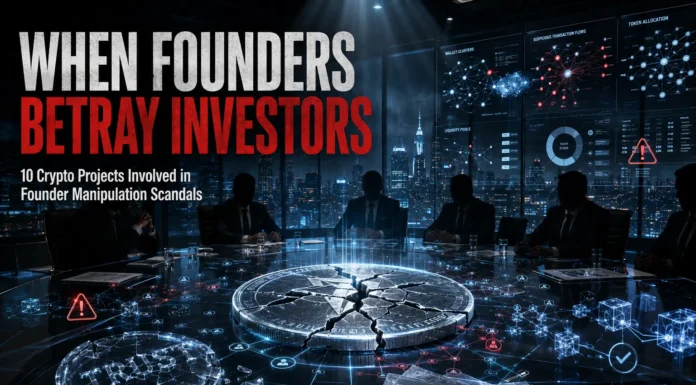 Illustration of major cryptocurrency founder manipulation scandals featuring broken crypto tokens, warning symbols, and collapsing blockchain charts representing FTX, Terra, Celsius, SafeMoon, TRON, HEX, and BitConnect.