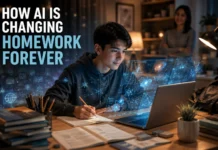 A student using an AI assistant to complete Homework while learning with futuristic educational technology in a modern study environment.