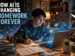 A student using an AI assistant to complete Homework while learning with futuristic educational technology in a modern study environment.