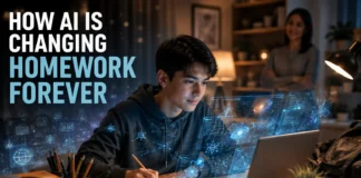 A student using an AI assistant to complete Homework while learning with futuristic educational technology in a modern study environment.