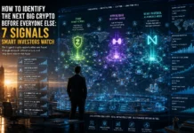 How to Identify the Next Big Crypto Before Everyone Else: 7 Signals Smart Investors Watch Futuristic blockchain infrastructure representing how smart investors identify the next big cryptocurrency through adoption, AI, decentralized finance, privacy, and Web3 innovation.