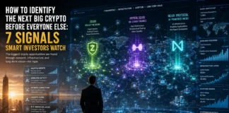 Futuristic blockchain infrastructure representing how smart investors identify the next big cryptocurrency through adoption, AI, decentralized finance, privacy, and Web3 innovation.