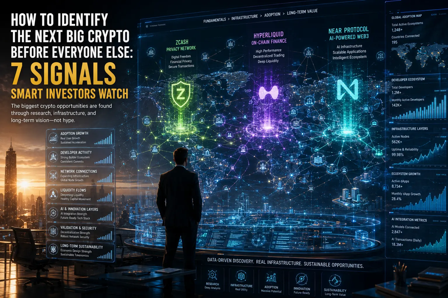 How to Identify the Next Big Crypto Before Everyone Else: 7 Signals Smart Investors Watch Futuristic blockchain infrastructure representing how smart investors identify the next big cryptocurrency through adoption, AI, decentralized finance, privacy, and Web3 innovation.