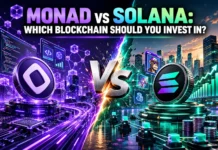 Illustration comparing Monad and Solana blockchains with futuristic network graphics, speed indicators, and investment comparison elements.